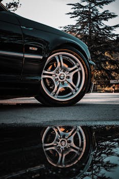 A stylish black car's wheel reflected in a puddle on a street in Türkiye.