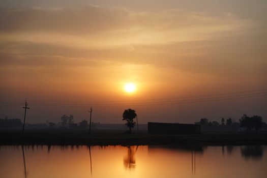 Stunning sunset with reflections on a serene lake in rural Ludhiana, India. Peaceful and idyllic scene.