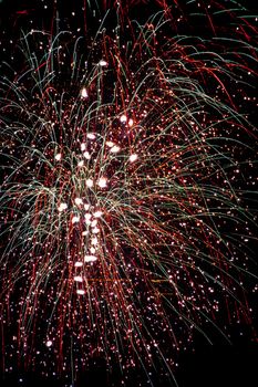 Explosive fireworks burst radiantly against a dark night sky, illuminating celebrations.
