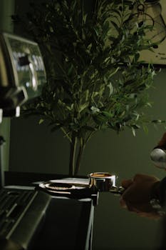 A person making espresso using a coffee machine, with a plant in the background.