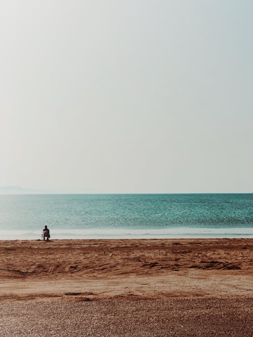 Person Sitting on Beach on Sea Shore