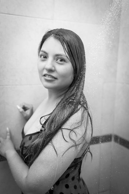 Portrait of Woman in Shower in Black and White