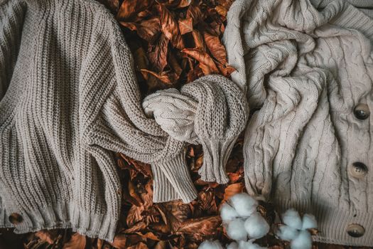 Warm sweaters and autumn leaves create a cozy fall fashion setting. Perfect for seasonal fashion shoots.