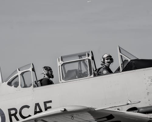 Men in an Airplane in Black and White 