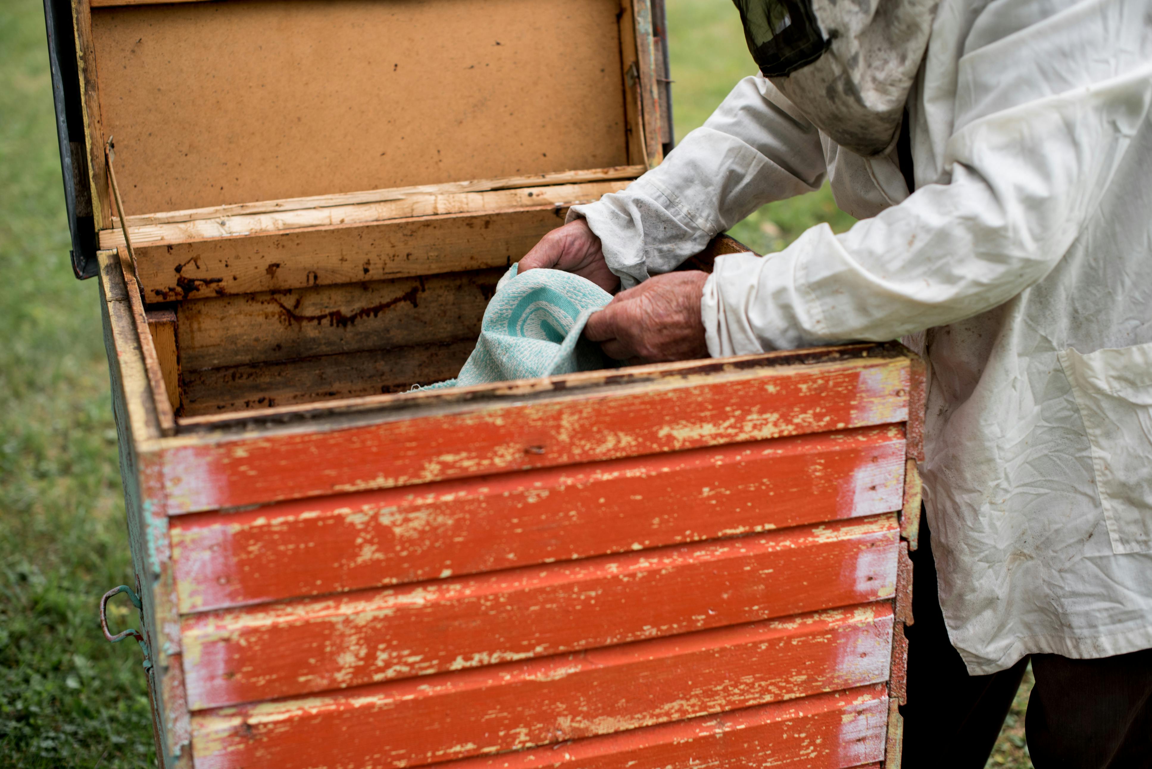 A beekeeper wearing protective gear inspects a wooden beehive in a rural setting.