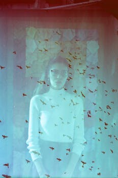 Creative double exposure of a woman with flying birds, evoking a dreamlike artistic concept.