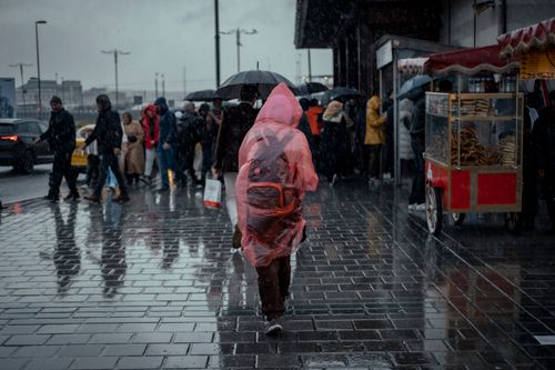 Free A rainy city street scene featuring people with umbrellas, reflecting wet pavement and vibrant colors. Stock Photo