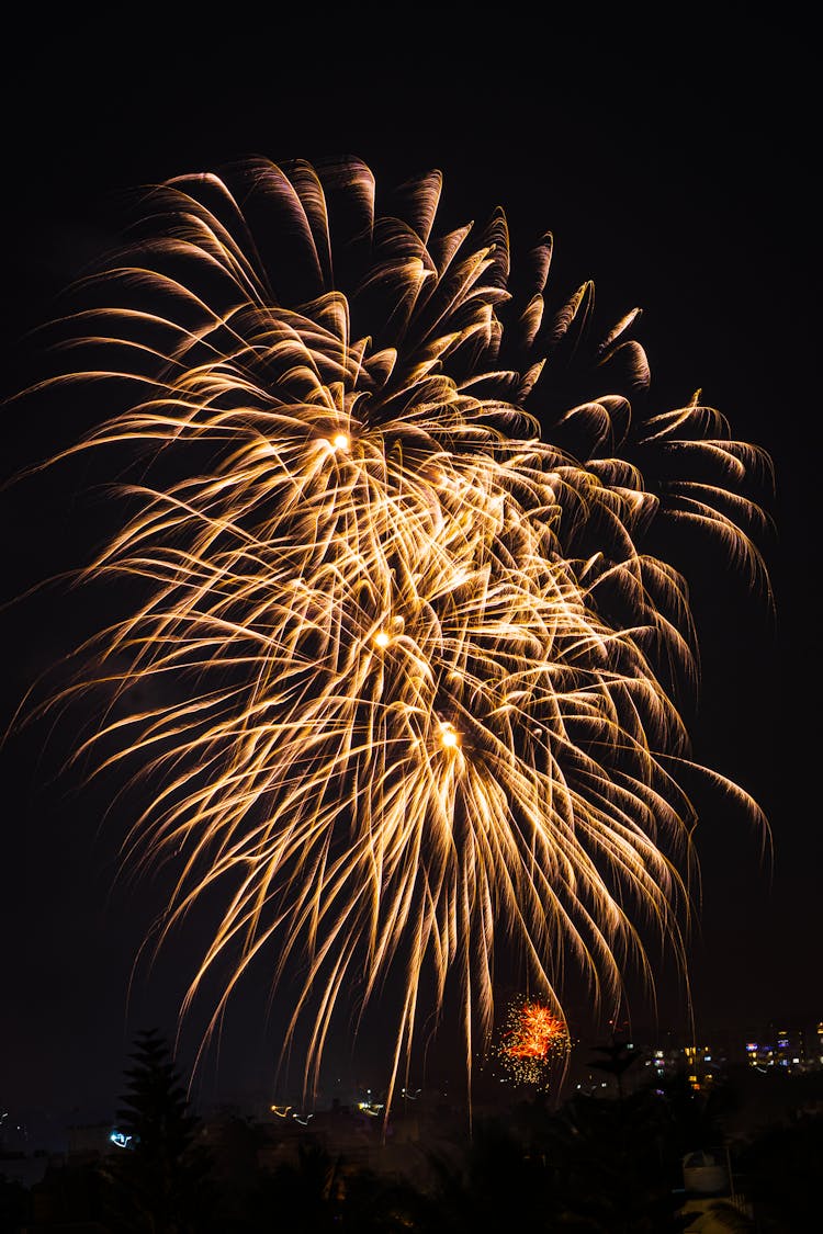 Golden Fireworks In The Night Sky