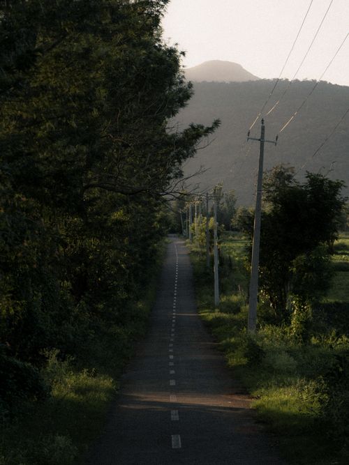Free A captivating road flanked by lush greenery and power lines leads towards distant hills in Kollegala, India. Stock Photo
