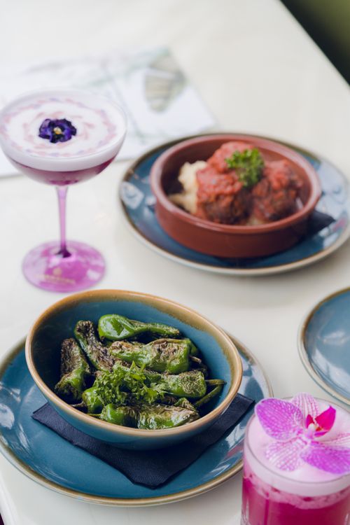 Free Close-up of gourmet dishes and colorful cocktails elegantly presented on a table. Stock Photo