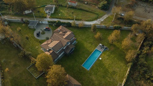 Aerial View of Large House with Swimming Pool in the Countryside