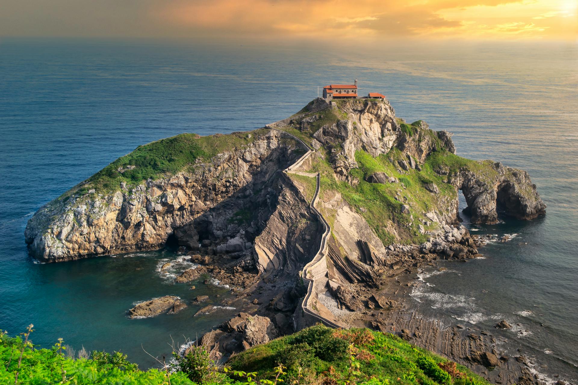 Aerial View of Gaztelugatxe on the Coast of Biscay, Bermeo, Basque Country, Spain