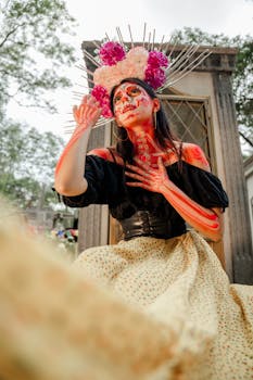 Colorful makeup and costume celebrating Día de los Muertos in Mexico City.