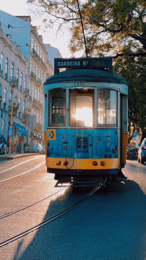 Retro Tram on Street in Lisbon, Portugal
