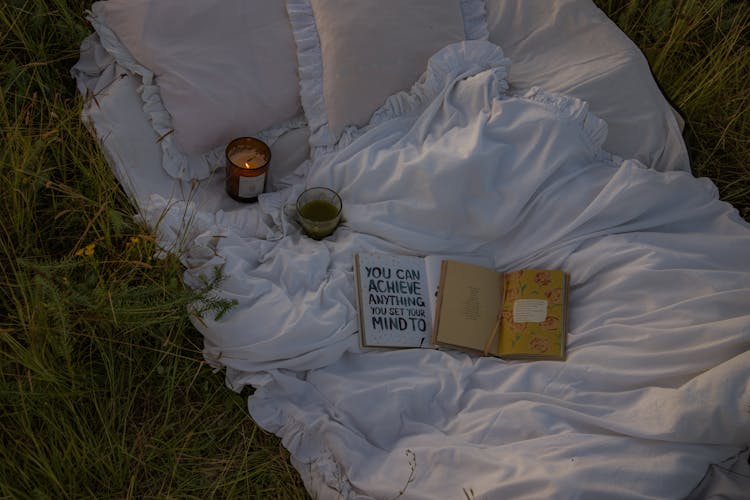 Bed Linen And Pillows Lying On Grass