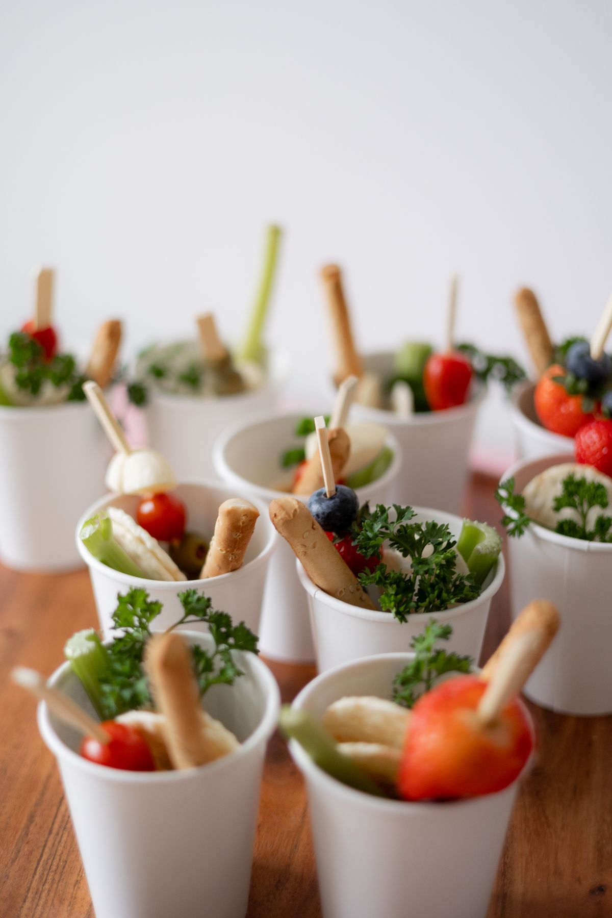 Pasta salad served in individual cups