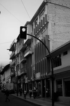 A black and white image captures an urban street with buildings and a traffic light.