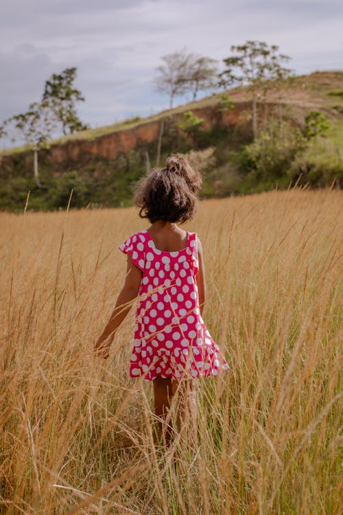 Girl in a Dress Walking in a Field 