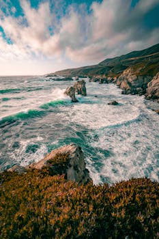 Breathtaking view of rocky cliffs and ocean waves at Big Sur, California.
