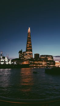 Illuminated view of The Shard and London skyline at night from the river.
