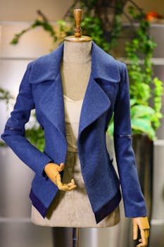 Stylish blue women's jacket displayed on a mannequin in a fashion shop, showcasing modern textile design.