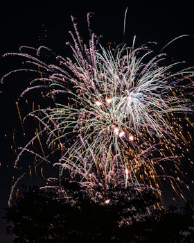 Colorful fireworks illuminate the night sky, creating a dazzling display of light and color.