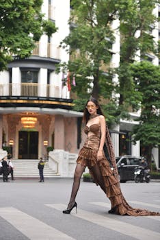 Stylish woman modeling a chic brown dress with a long train, crossing an urban street in daylight.