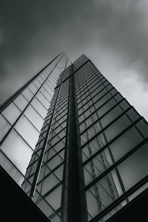 Black and White Low Angle Shot of a Skyscraper 