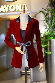 Stylish dark red blazer with a patterned belt displayed on a mannequin in a fashion store.