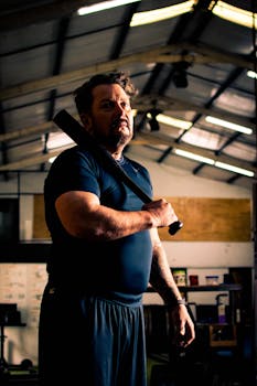 Strong male athlete holding a baseball bat inside a gym, embodying strength and focus.