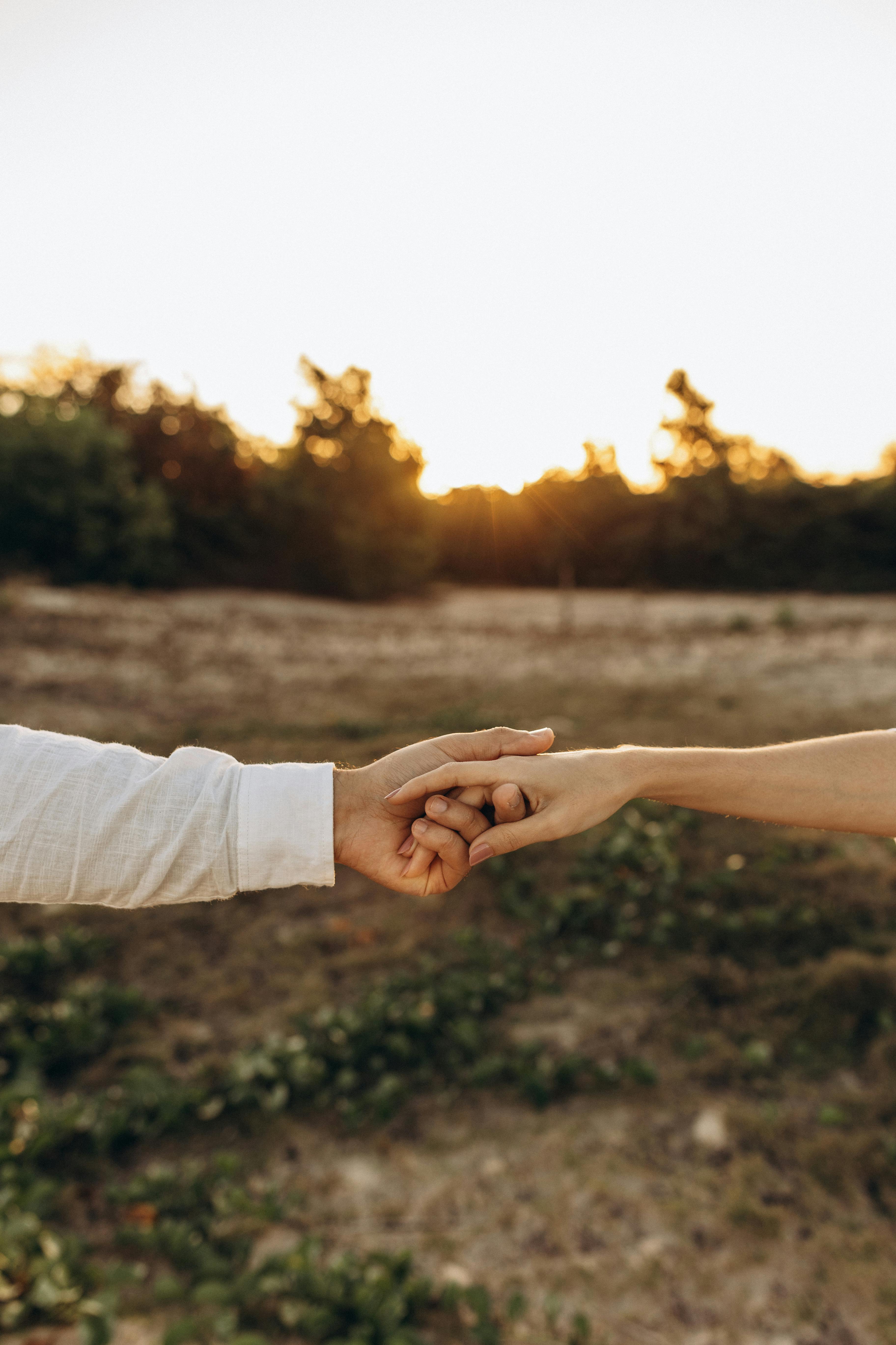 A couple tenderly holding hands in a field during a warm sunset.