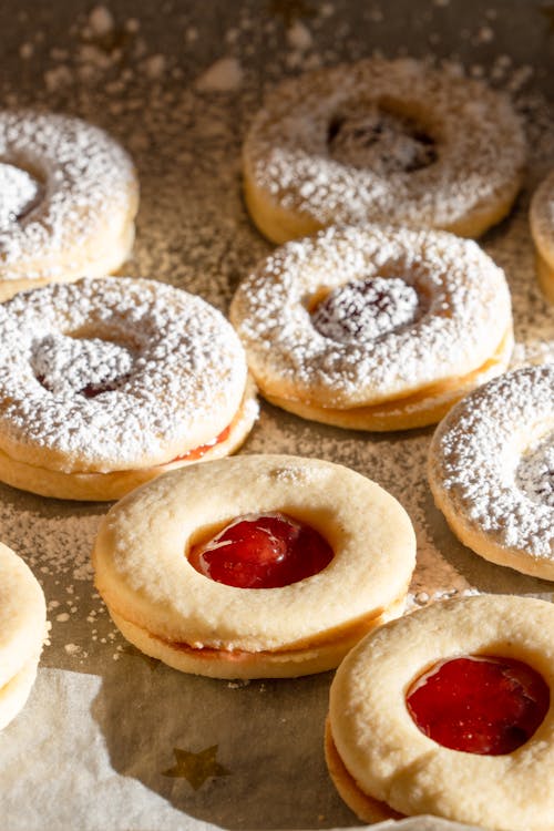 Close-up of- home-made cookies German-style Spitzbuben with marmelade