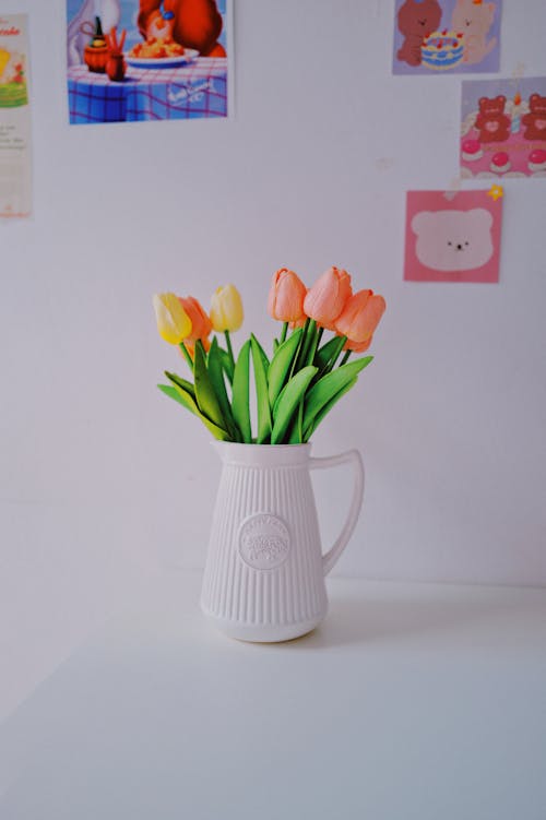 Tulips in White Clay Vase with One Handle