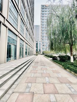Contemporary office buildings and walkway in Xinbei Neighborhood, Tianjin.