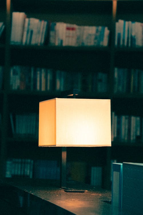 An Electric Lamp Standing on a Desk in a Library 