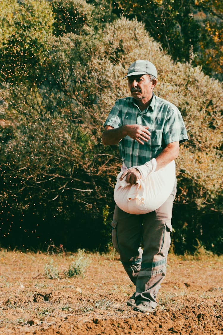 Farmer With A Bag Of Seeds Sowing The Field