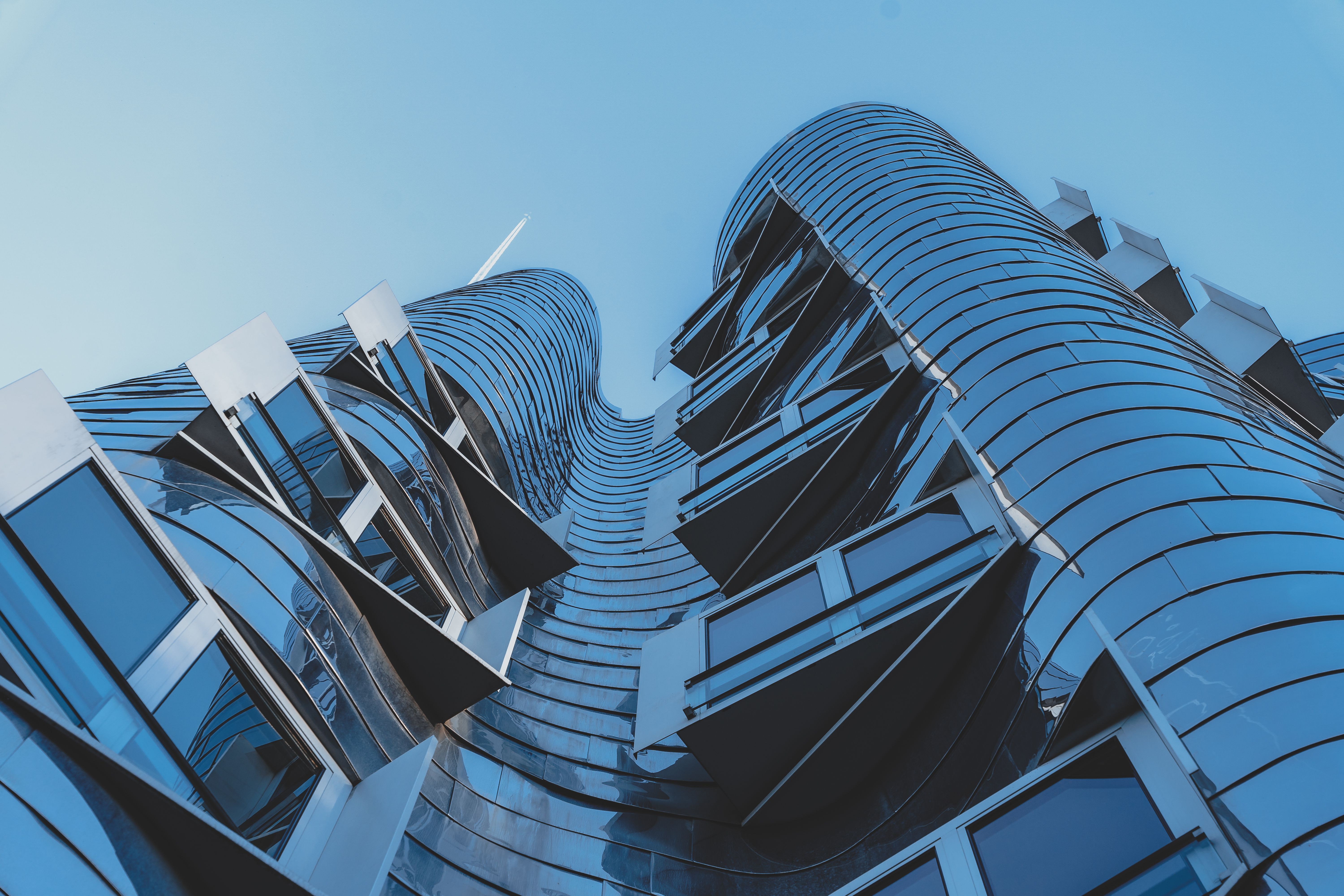 Dynamic modern architecture of Neue Zollhof in Düsseldorf, Germany.