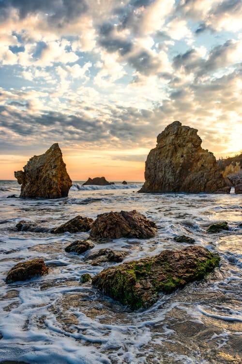 Mossy Rocks in the Ocean off the Coast of Malibu