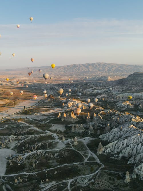 Aerial View of Tourist Hot Air Balloons Over the Valley in Cappadocia