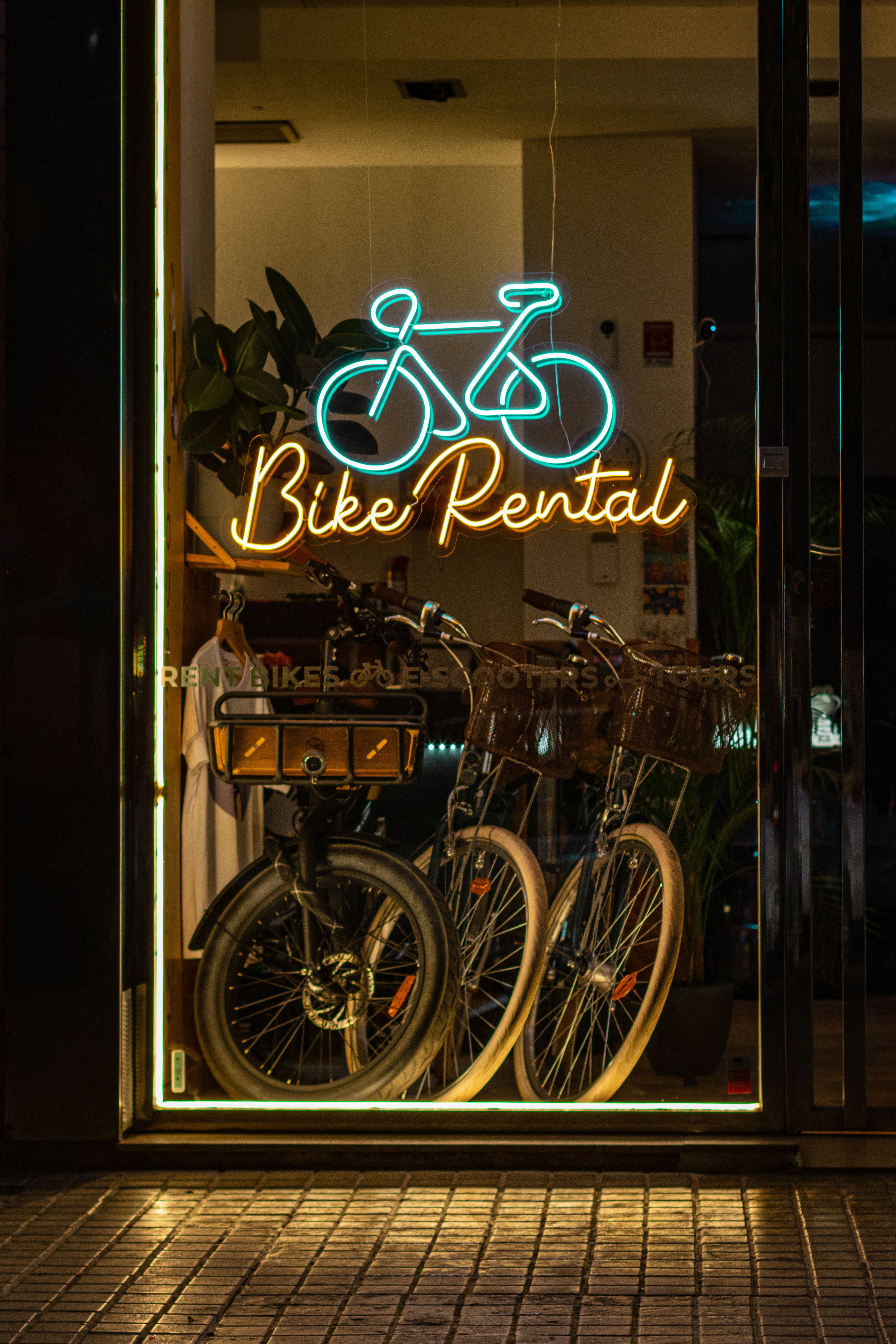 A sleek neon sign for a bike rental shop displayed in a window with bicycles visible inside.