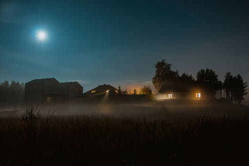 Village Houses in Mist at Dusk 