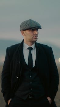 A stylish man wearing a suit and flat cap, standing outdoors with a serene backdrop, exuding elegance and confidence.