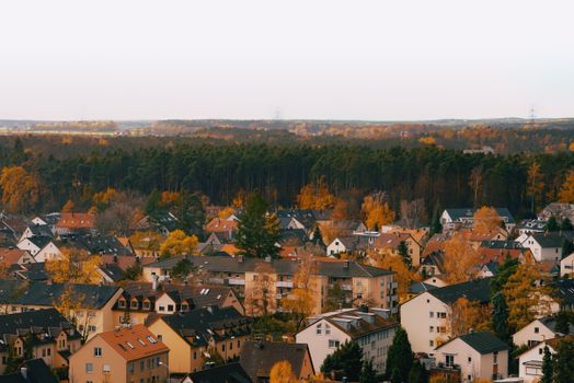 Aerial shot of a town surrounded by autumn trees, showcasing rooftops and a forest in the background.