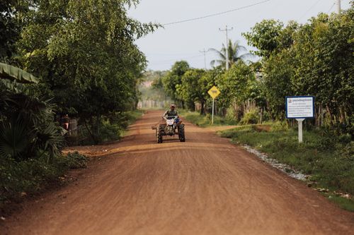 Free A person on a quad bike rides through a tree-lined dirt road in a rural area, showcasing adventure and nature. Stock Photo