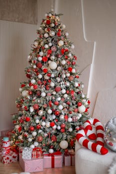 Beautifully decorated Christmas tree with gifts, red and white ornaments in a cozy room.