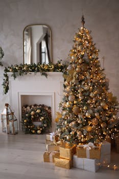Warm and festive living room with a beautifully decorated Christmas tree and gifts by the fireplace.