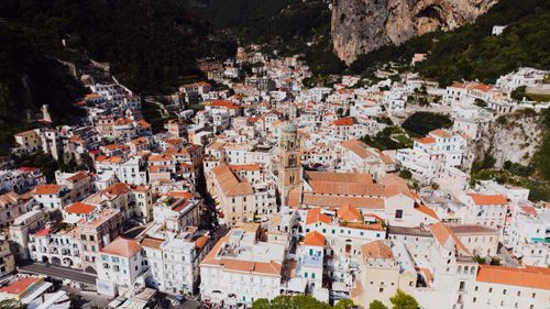 Free A captivating aerial view of the historic Amalfi cityscape in Campania, Italy. Stock Photo