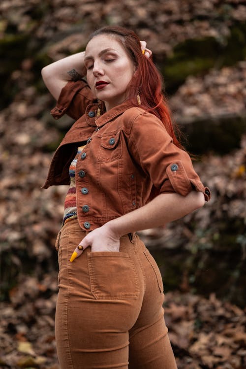Model in a Brown Denim Jacket and Jeans