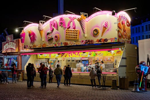 Lit-up street food stand at night with people enjoying sweets and snacks in an urban setting.