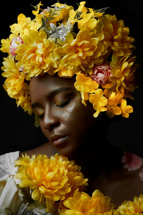 Portrait of Woman with Yellow Flowers Wreath